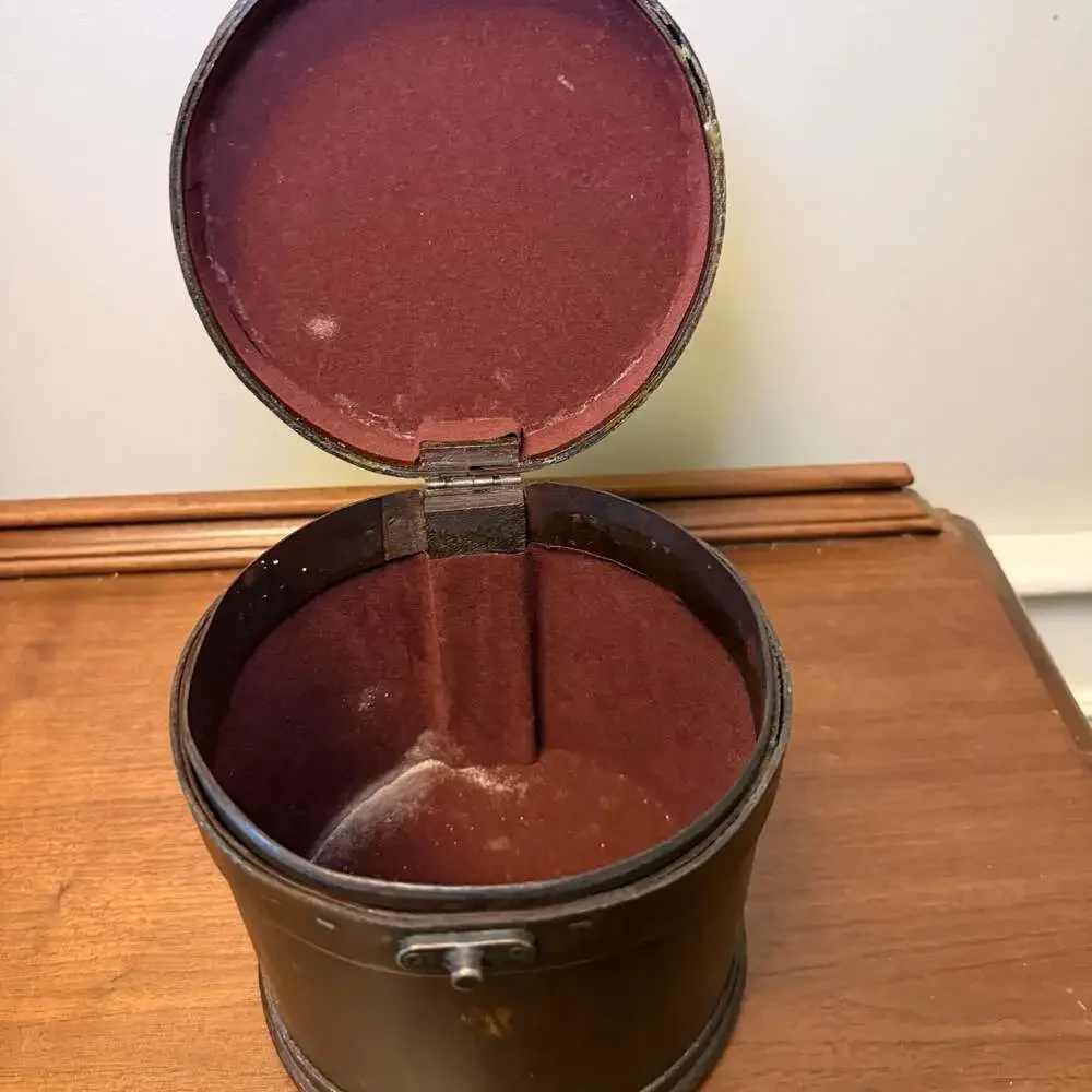 Round Wooden Storage Box with Metal Accents